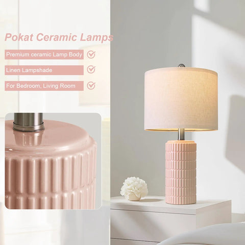 Set Of 2 24.75 Inch Ceramic End Table Lamps For Living Room Bedroom Office Farmhouse Cozy Decor With Linen Drum Shades Modern Contemporary Nightstand Lamps