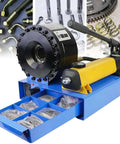 Portable Hydraulic Hose Crimping Tool Kit With 8 Die Sets, showing crimper, handle, and die storage for tight fittings and high pressure hoses.