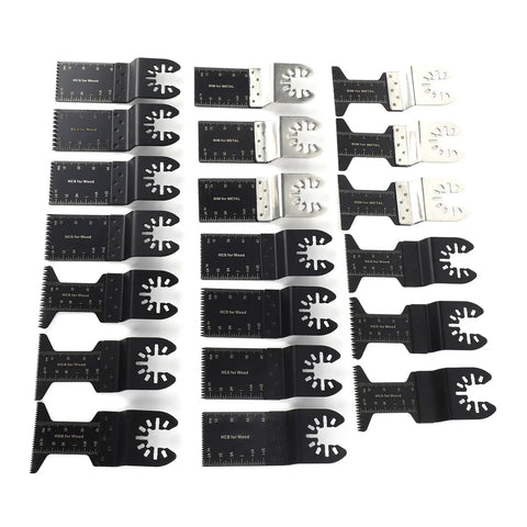 Oscillating Saw Blades 20 Piece Set Carbon Steel Universal Multi Tool Blades for Wood Metal and Plastics arranged on white surface