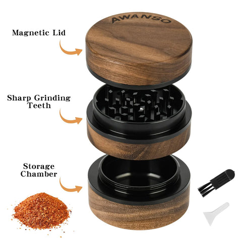 AWANSO 3-piece 2.5-inch walnut wood and aluminum spice grinder with magnetic lid and storage chamber