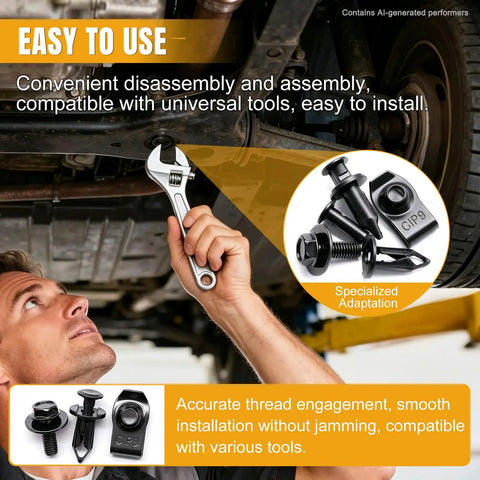 30 Pcs Universal Fender Liner Screw Kit Featuring Hella Tough M6 U Nut Clips and Hex Head Push Retainer Fasteners for Auto Wheel Well Splash Shields. Man using wrench under vehicle.