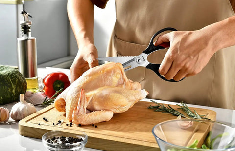 Heavy Duty Come Apart Kitchen Scissors For Chicken Meat And Veggies Easy To Clean Split Kitchen Shears For Food Prep 9 Inch Long With Black And Red Handles Durable Multi Purpose Kitchen Tool cutting raw chicken