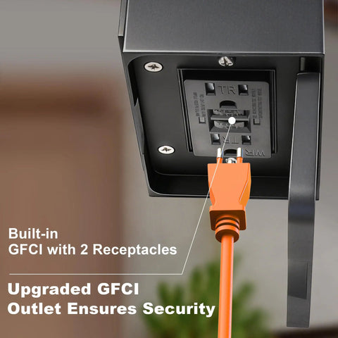 Outdoor Motion Sensor Porch Light With Dual GFCI Outlets Dusk To Dawn Wall Light showing built-in GFCI receptacles close-up