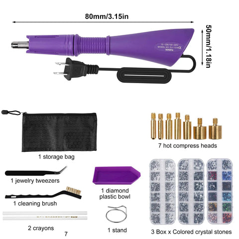 Hotfix Rhinestone Setter Kit With 7 Tips And Quick Heat Wand Diamond Bowl Stand Tweezers Cleaning Brush Wax Pens And 3 Boxes Of Colorful Crystals For DIY Embellishments And Jewelry Making Purple.