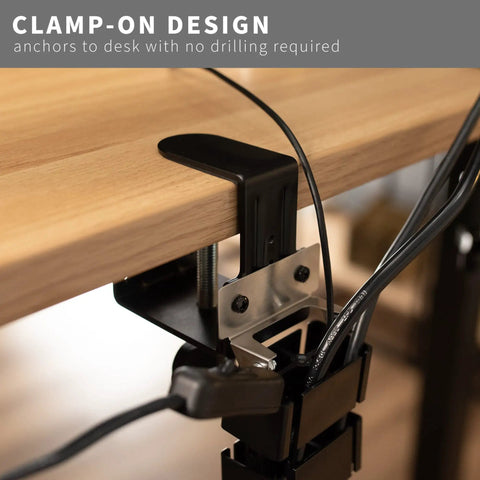 Clamp On Desk Cable Management Kit With Vertebrae System, No Drill And Adjustable Quad Entry Cord Organizer attached to desk