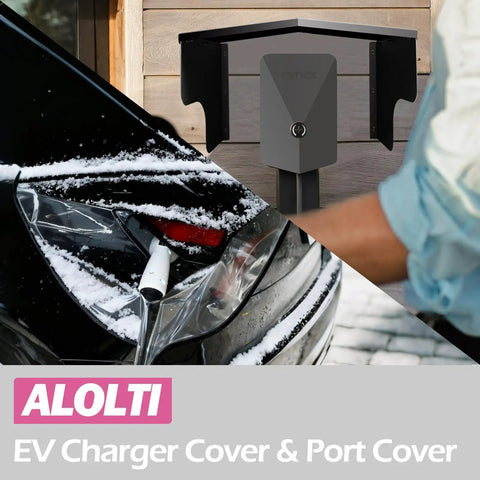 Badass EV Charger Roof Cover Super Heavy Duty Stainless Steel Weatherproof Protector Universal For Outdoor Electric Vehicle Charging Stations With Wall Mount Accessories, showing charger covered in snow.