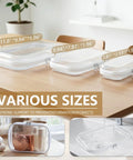 Three Pack Clear Hard Plastic Zipper Case Waterproof Cosmetic Bag Transparent Stackable Storage Organizer Box For Travel Toiletries And Makeup, Great For Toys, Art Supplies, Craft Kits, Hobby Storage And Small Gear shown in three sizes on a table.