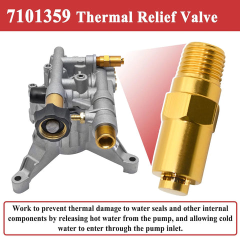 Front view of Zeiboat 7101359 thermal relief valve with gas-powered pressure washer pump and 1/4 in NPT brass fittings