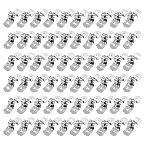 Image of M10 Rigid Pipe Strap Kit 60 Pcs Stainless Steel Two Hole U Brackets Clamps arranged in rows.