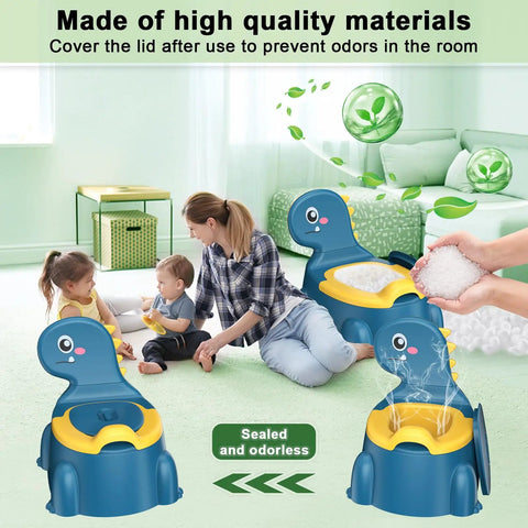 Toddler Potty Training Seat With Dinosaur Design And Portable Travel Potty Chair For Little Ones Featuring Quick Snap Lid Splash Guard Non Slip Base And Sturdy Legs For No Fuss Potty Practice Blue