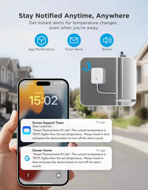 WiFi Refrigerator Thermometer With Alarm, 2 Pack, Remote Temperature Monitoring Via App shown on smartphone display.