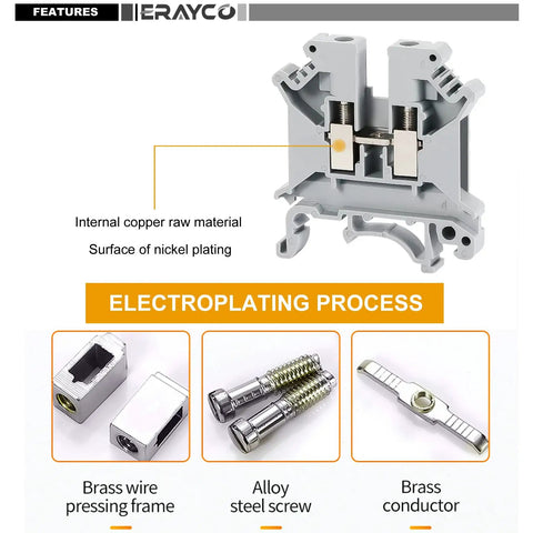 Cross-section of Beefy DIN Rail Terminal Block With Screw Clamp Heavy Duty 600V 30A 30 To 10 AWG Nylon PA66 Housing Copper Bodies Nickel
