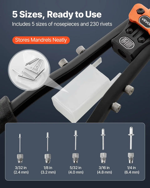 Image of Two-Handed Pop Rivet Gun Kit With 230 Blind Rivets, showcasing 5 interchangeable nosepieces in different sizes.