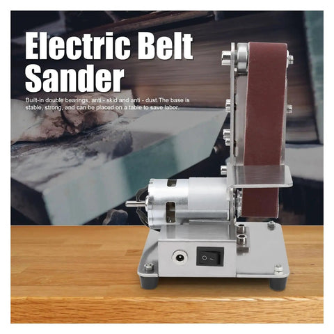 Torch Mini Electric Belt Sander Grinder Machine For Polishing And Smoothing Metal Or Wood Projects Compact Desktop Tool With Versatile Sanding And Wheel Modes For Home Workshop Use Stainless Steel Construction, side view on wooden surface.
