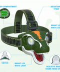 Kid Friendly LED Headlamp For Outdoor Adventures With Roar And Silent Modes Lightweight ThreePointFourOunce Battery Included Non Rechargeable Great For Camping Hiking Night Games And Halloween Gifts For Boys And Girls with green dinosaur design and adjustable strap