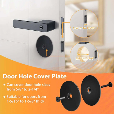Black Door Hole Cover Plate, Heavy Duty Steel, 2 5/8 In Diameter, for doors 1 5/16 to 1 5/8 thick, privacy shield, illustration