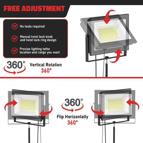 Heavy Duty 200W LED Work Lights With Stand Two Pack Compatible With Milwaukee Battery showing 360-degree rotation adjustment