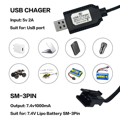 Diagram of 2 Pack 7.4V USB Charger Cable With SM3PIN Plug For RC Cars Planes Tanks Boats And Other Remote Control Toys Universal 7.4V Battery USB Charger With Battery Protection No Fuss Fast Charge, showing compatibility and components.