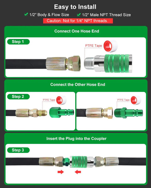 Heavy Duty One Half Inch Air Hose Fittings Kit With Quick Connect Coupler And Plugs, 300 PSI Industrial Iron, High Flow Set For Pneumatic Tools And Air Compressors, Built To Last, Includes Teflon Tape For Easy Install; 1/2-inch setup steps
