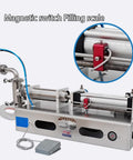 Horizontal Pneumatic Liquid Filling Machine Stainless Steel Single Head Bottle Filler with magnetic switch and pedal control.