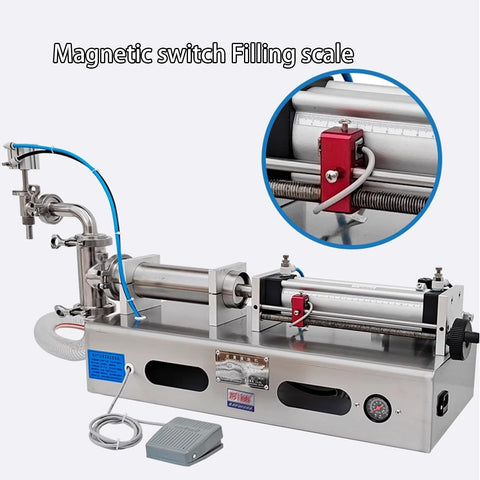 Horizontal Pneumatic Liquid Filling Machine Stainless Steel Single Head Bottle Filler with magnetic switch and pedal control.