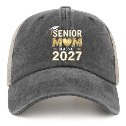 Gray trucker cap with 'Senior Mom Class of 2027' text, adjustable buckle, and curved brim for all-season wear.