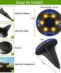 Installation steps for 8 Pack Solar Ground Lights With 10 LED Each IP65 Waterproof Outdoor Garden Pathway Lights showing stakes and positioning.
