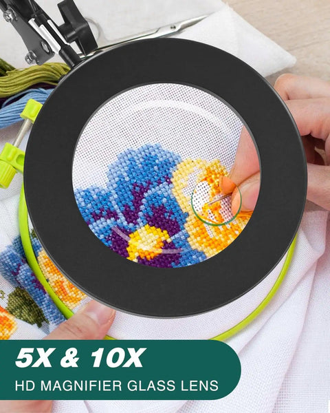 5X and 10X magnifying lamp with stand clamp lighted magnifier for close work, showing embroidery details through glass lens