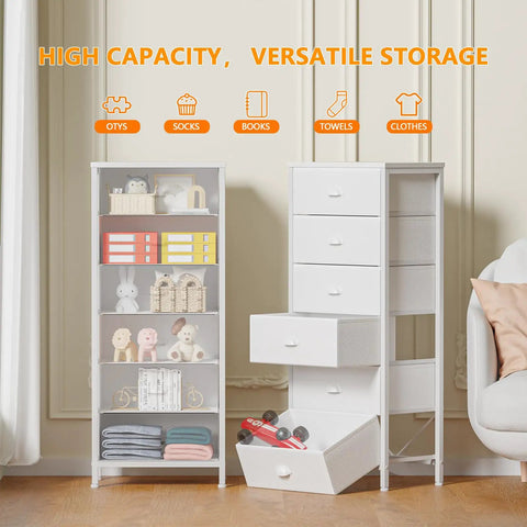 White Tall Dresser With Vertical Storage Tower And End Table Featuring Six Fabric Drawers And Drawer Organizer For Bedroom Living Room Closet Entryway Built Tough With Reinforced Metal Frame next to a vertical storage unit with books and toys.