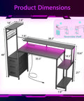 48 Inch Gaming Desk Setup With LED Lights And Power Outlets Computer Desk With Fabric Drawers And Side Hook Reversible Gamer Table With Monitor Stand For Game Room Or Home Office Carbon Fiber Black Finish dimensions