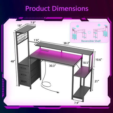 48 Inch Gaming Desk Setup With LED Lights And Power Outlets Computer Desk With Fabric Drawers And Side Hook Reversible Gamer Table With Monitor Stand For Game Room Or Home Office Carbon Fiber Black Finish dimensions