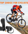 Mountain biker using Half Twist Ebike Throttle Right Handle With Waterproof Plug For MTB Conversion Kit, Thumbnail insert of throttle