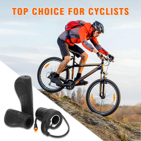 Mountain biker using Half Twist Ebike Throttle Right Handle With Waterproof Plug For MTB Conversion Kit, Thumbnail insert of throttle