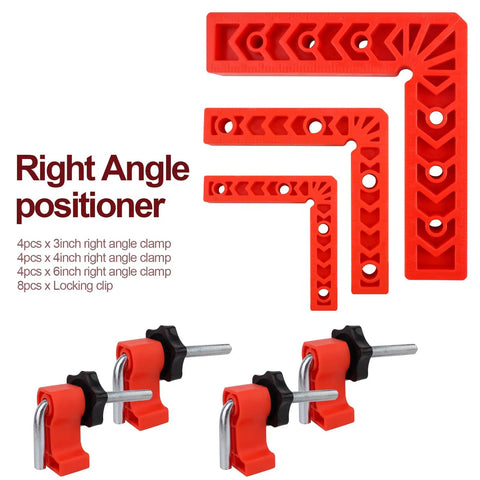 Hella Sturdy 90 Degree Corner Clamp Set 12 Piece Woodworking Kit includes 3, 4, 6 inch red clamps and locking clips for precise alignment.