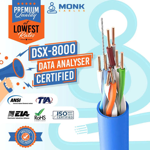 Cat6 Plenum Cable 1000Ft UTP 23AWG 550MHz DSX8000 Certified Premium Grade Ethernet Cable Blue with certification logos
