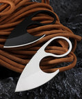 Neck Knife With Sheath, Small Fixed Blade EDC Knife For Everyday Carry on a coiled rope surface, showcasing 440C stainless steel material.