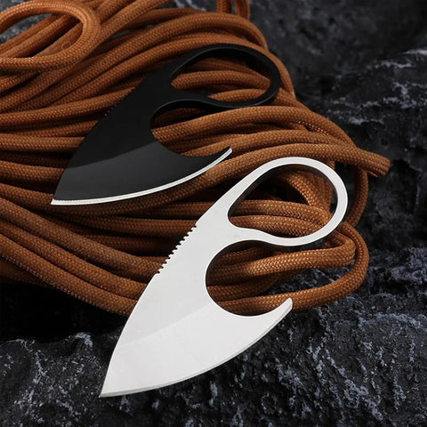 Neck Knife With Sheath, Small Fixed Blade EDC Knife For Everyday Carry on a coiled rope surface, showcasing 440C stainless steel material.
