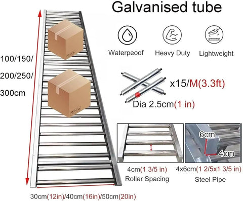 Industrial Workhorse Light Duty Gravity Roller Conveyor Slide Smooth Warehouse Freight Operator No Fuss Steel Roller Track For Factory Hauling 40X100CM with cardboard boxes and galvanized tubes.