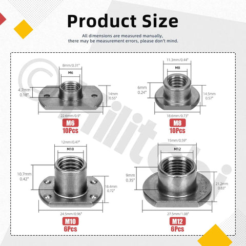 Boss Level 32 Piece T Shape Weld Nuts M6 M8 M10 M12 Premium Carbon Steel Tab Base Locknuts size chart with dimensions