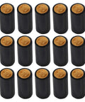100 Pack Black Heat Shrink Wine Bottle Caps Slick Tight Seal Wraps For Liquor And Craft Brews, showing 16 caps with golden tops.