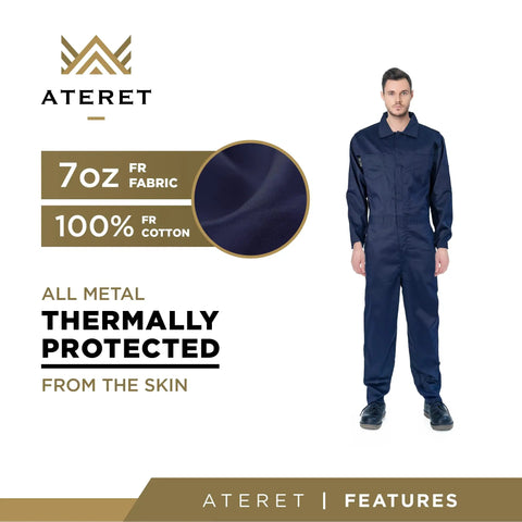 Lightweight Flame Resistant Coverall, 7 Oz 100 Percent Cotton FR Treated, Navy Blue, Large, NFPA 2112 Compliant, ASTM F1959 Certified