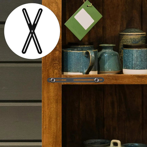 4 Pack Stainless Steel Flat Joining Plates For Furniture Brackets on wood shelf with blue mugs