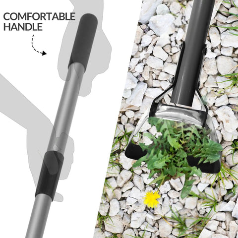 Adjustable Length Action Hoe For Weeding Stirrup Hoe with cushioned grip and durable handle on rocky garden surface