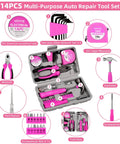 14-piece pink multi-purpose auto repair tool set with toolbox, featuring wrenches, screwdriver, and tape measure.