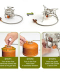 Instruction steps for connecting and igniting 3500W portable stove from All In One Camping Cookware Gear