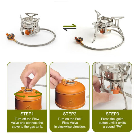Instruction steps for connecting and igniting 3500W portable stove from All In One Camping Cookware Gear