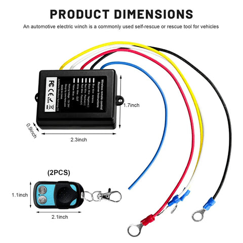 Vcyopn 12V 24V Wireless Winch Remote Control Kit components showing receiver and dual handsets for vehicle rescue.
