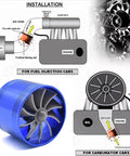 Diagram and image of Two Point Five Inch Car Air Intake Turbonator Performance Turbine Charger Turbo Booster With Single Fan Aluminum Universal Kit for gas saver and power boost on cars, trucks, and SUVs blue.