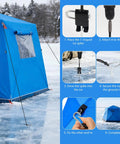 Heavy Duty Ice Anchor Tool Kit With Drill Adapter And Head Includes Four Tent Stakes Rope Hangers And Easy Setup For Ice Fishing Shelter Shanty And Outdoor Tents showing setup process and outdoor tent on ice