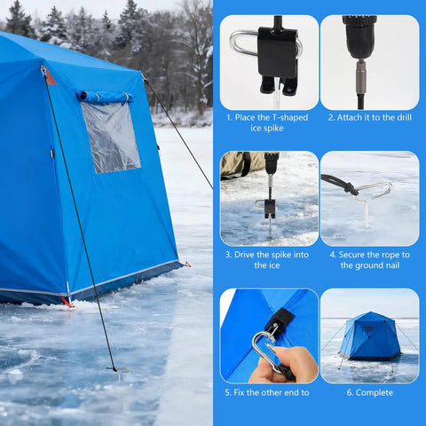 Heavy Duty Ice Anchor Tool Kit With Drill Adapter And Head Includes Four Tent Stakes Rope Hangers And Easy Setup For Ice Fishing Shelter Shanty And Outdoor Tents showing setup process and outdoor tent on ice